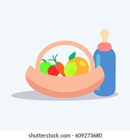 Little baby nutrition. Ripe fruits and vegetables in basket near bottle with dummy flat vector isolated on white. Natural childrens food illustration for kids healthy ration concepts 
