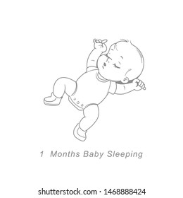 Little baby of one month. Baby development milestones in first year. Newborn baby boy or girl  in diaper sleeping. Sketchy hand drawn style. Background with toys and objects. Vector illustration. 