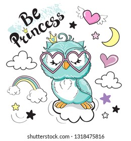 Little baby owl and the inscription be a princess on a white background