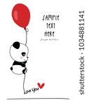 Little baby panda flies attached to a red helium filled balloon / I love you card / Happy valentines day card / 