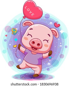 Little baby pig holding pink heart balloon of illustration
