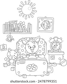 Little baby piglet awaking up in its pretty small bed among toys and fairy tale books after merry rings of a funny alarm clock in a nursery room on a sunny morning, vector cartoon illustration