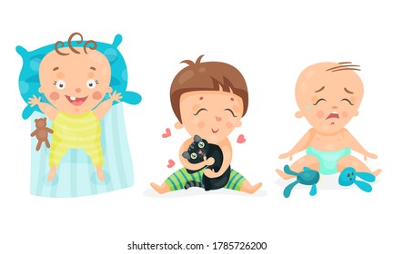 Little Baby Rested on Bed and Hugging Cat Vector Illustration Set