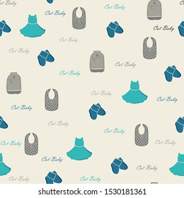 Little baby seamless pattern. Blue, gray, cream colors Illustration of baby clothes