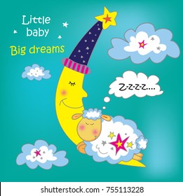 Little baby sheep sleeps on young moon. Vector illustration. Colorfull and funny.