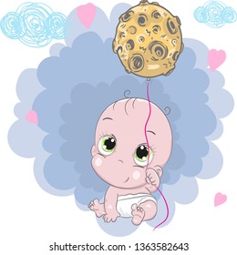 Little baby sitting with moon balloon