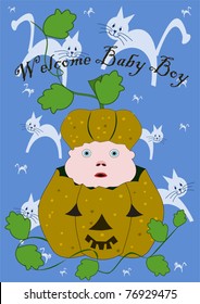 a little baby sitting in the pumpkin. it is a boy