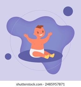 Little baby sitting and smiling vector illustration. Male cartoon character in diapie and socks. Childhood, life cycle, growing concept