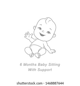 Little baby of six month. Baby development stages in first year. Cute little baby boy or girl  in diaper sitting. Sketchy hand drawn style. Background with toys and objects. Vector illustration. 