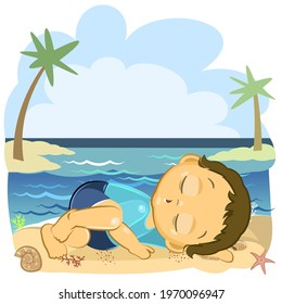 Little baby sleeping. Boy. Asleep. Isolated object on a white background. Cheerful kind funny. Cartoons flat style. Preschool age. Childhood Vector.