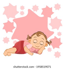 Little baby sleeping. Girl. Asleep. Isolated object on a white background. Cheerful kind funny. Cartoons flat style. Preschool age. Childhood Vector.
