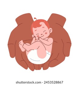 Little baby sleeping in hands illustration. Smiling newborn isolated on white background. Infant in diaper