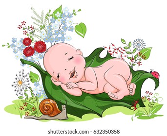 Little baby sleeping peacefully on the lawn of flowers