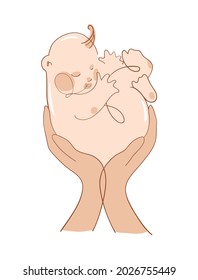 A little baby sleeps sweetly in the arms of a father or mother. Flat illustration, icon for pediatrics, pregnancy and motherhood. Vector sketch isolated on white background.