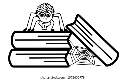 Little Baby spider with bangs and  one fang playing with smartphone, sitting on stack of books.  Black-white vector illustration. For painting and children's products.