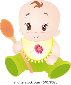 Little baby with spoon. Isolated on white