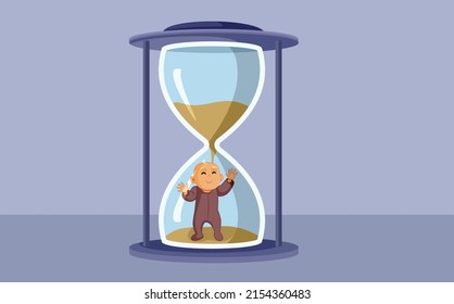 

Little Baby Standing in Hourglass Conceptual Vector Illustration. Conceptual pregnancy announcement showing infant and time passing
