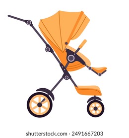 Little baby stroller. Children and toddlers pushchair, kids safety colorful transports for outdoor walking flat vector illustration. Cartoon baby wheeled pramsuit on white