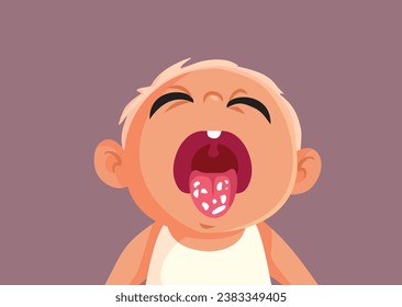 
Kleines Baby leidet an einer Candiasis Vektor Cartoon Illustration. Unglückliches Kind mit Milchzunge oder Mundgeruch 
