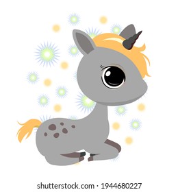 Little baby unicorn. Isolated object on a white background. Cheerful kind animal child. Cartoons flat style. Funny. Vector