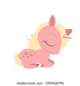 Little baby unicorn. Isolated object on a white background. Cheerful kind animal child. Cartoons flat style. Funny. Vector