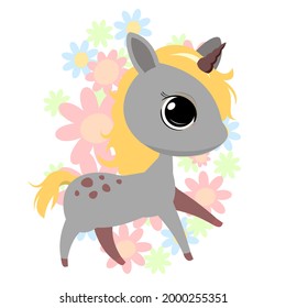 Little baby unicorn. Isolated object on a white background. Cheerful kind animal child. Cartoons flat style. Funny. Vector