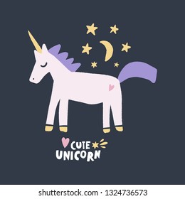 Little baby unicorn. Vector nursery lettering doodle poster and postcard in scandinavian style, trendy children illustration, cute animals art