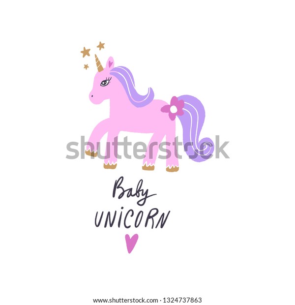 Little baby unicorn. Vector nursery\
lettering doodle poster and postcard with unicorn in scandinavian\
style, trendy children illustration, cute animals\
art