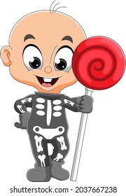 The little baby is wearing the bone costume and holding the sweet lollipop of illustration
