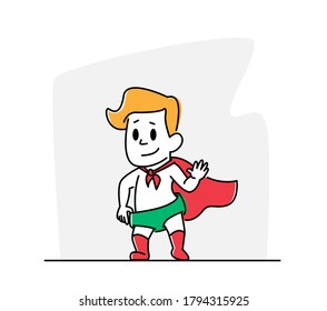 Little Baby Wearing Red Super Hero Cape and Green Diaper Panties Waving Hand. Superhero Child Playing, Kids Imagination, Motivation or Dream. Toddler Character Rescue. Linear Vector Illustration