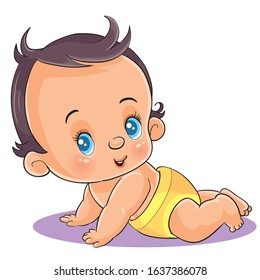 little baby in a yellow diaper and with blue eyes crawls and enjoys life,