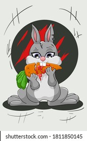 A little bad gray rabbit killing the carrot, dark themes animal illustration