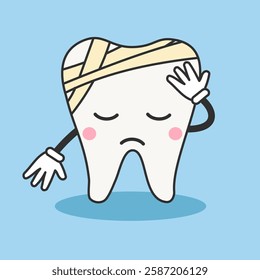 Pequeno mau dente caráter. Ilustração do vetor de dente de bandagem. Triste dente de desenho animado de bebê. Conceito de odontologia para cuidados de saúde bucal. Ilustração de dor de dente infantil