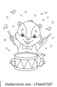 Little Badger Drummer Coloring Page. Black and white cartoon illustration