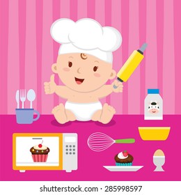 Little baker baby girl. Cheerful baby with baking utensils.