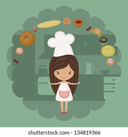 Little baker girl with bakery goods in a kitchen