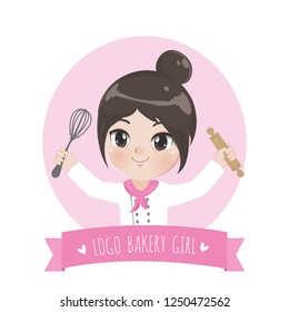 The Little Bakery Girl Chef's Logo Is Happy,tasty And Sweet Smile.