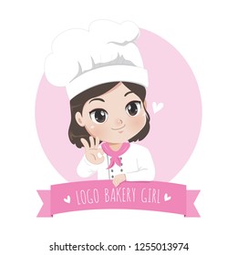 The Little Bakery Girl Chef's Logo Is Happy,tasty And Sweet Smile.