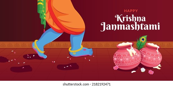 Little bal Krishna Walking eating butter, Happy Krishna Janmashtami