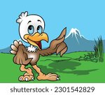 Little Bald Eagle Pointing with his Finger - Colored Cartoon Illustration with Background, Vector