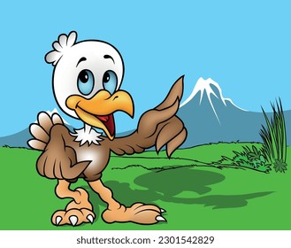 Little Bald Eagle Pointing with his Finger - Colored Cartoon Illustration with Background, Vector