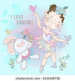 Little ballerina dancing with a Bunny. Vector.