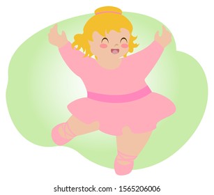 Little Ballerina Dancing On A Green Background. Pretty Dolly In A Pink Dress And Pointe Shoes. Kawaii. EPS10 Vector Illustration