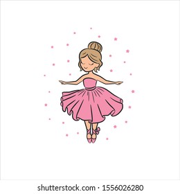 Little ballerina dancing on tiptoes. Tutu skirt, pretty pink dress and pointe shoes. Cute girl vector illustration isolated on white background. Image for kids ballet school or theater logo, mascot.