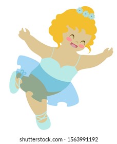 Little Ballerina Dancing On A White Background. Dolly In A Blue Dress And Pointe Shoes. Kawaii. EPS10 Vector Illustration