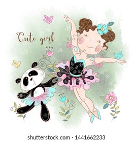 Little ballerina dancing with Panda ballerina. Cute girl. Inscription. Vector illustration