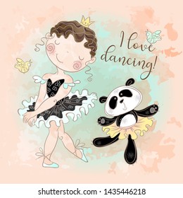 Little ballerina dancing with Panda ballerina. I love dancing. Inscription. Vector.