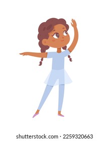 Little ballerina dancing vector illustration. Cartoon cute baby girl showing figure and gesture of classic ballet dance, young adorable female dancer in blue dress and shoes performing and training