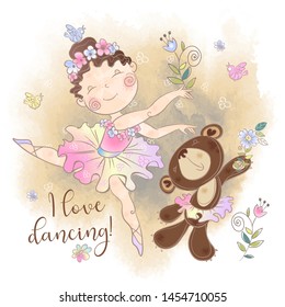 Little ballerina girl dancing with a bear. I love dancing. Inscription. Vector