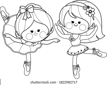 Little ballerina girls dancing. Vector black and white coloring page.